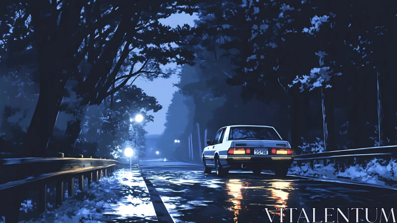 Midnight sedan hums softly along rain-lacquered forest road