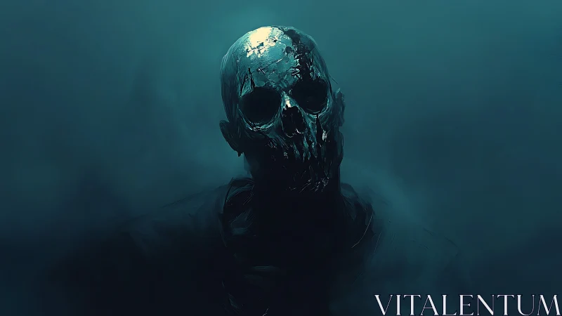 Shadowed skull figure rises from teal mist in eerie calm