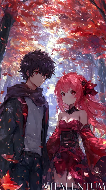 Anime couple under crimson autumn forest canopy.