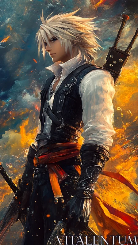 Blond swordbearer strides through storms of molten sky.