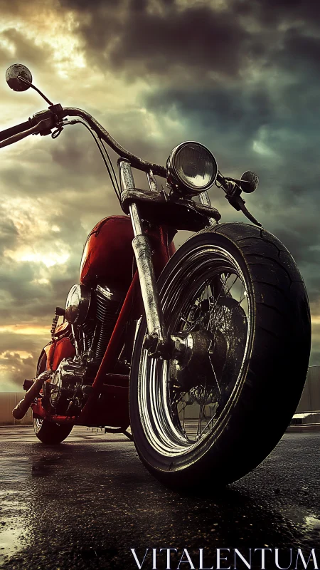 Low-angle red custom chopper under storm-lit dramatic sky.