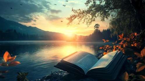 Open book rests beside calm lake under glowing sunset sky