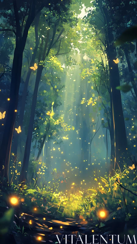 Glowing Forest Path with Luminescent Butterflies and Fireflies.