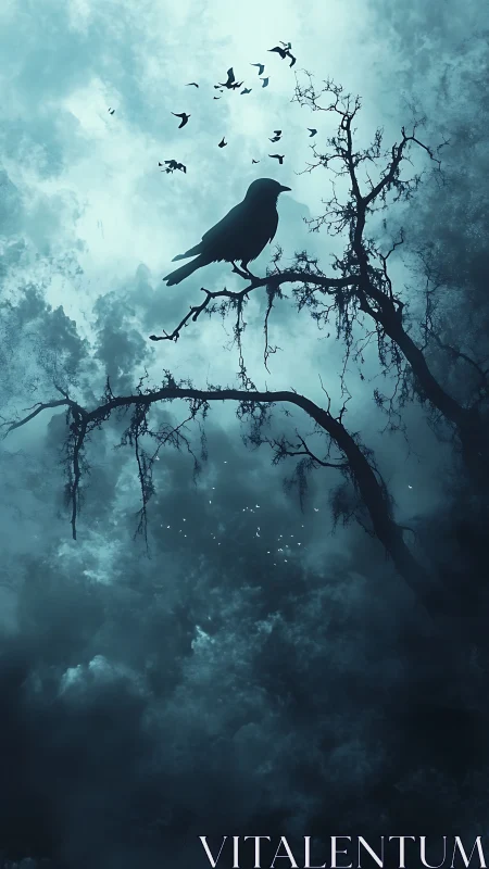 Nocturnal raven silhouette against cyan storm clouds.