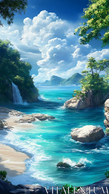 Tropical cove seascape with waterfall, cliffs and cumulus sky