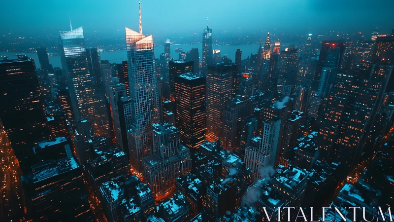 Midwinter city skyline glows warmly against the misty night