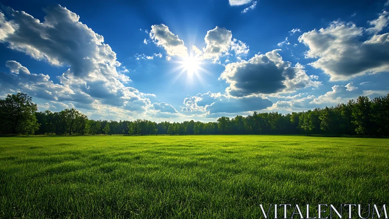 Low-angle grassy meadow under high-contrast cumulus sky at noon