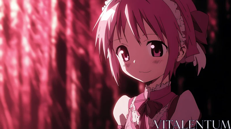 Gentle pink haired anime girl glowing in soft red light.