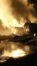 Architectural Tableau in Sepia: Waterfront Industrial Dawn.