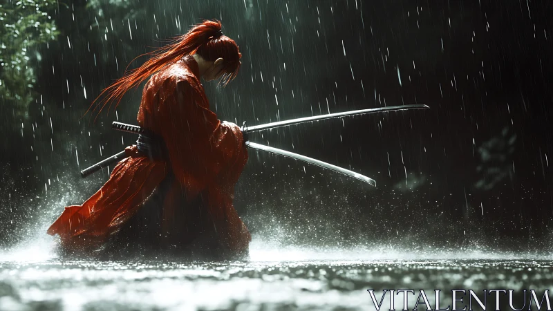 Rain swept samurai kneels with twin katanas drawn in water.