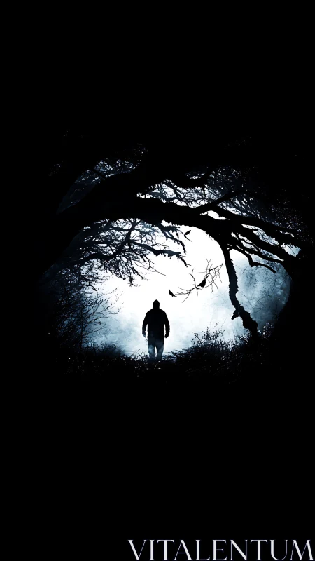 Lone wanderer framed by moonlit trees in a misty nightscape.