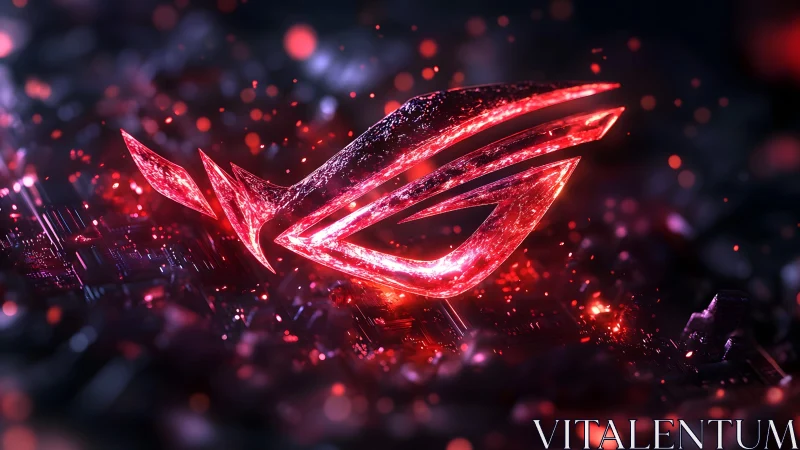 Futuristic glowing red ROG emblem over dark digital background.