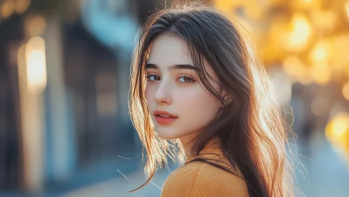 Young woman in golden hour street portrait looks back softly