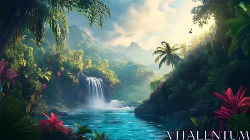 Tropical waterfall lagoon under diffused backlit sunrise glow