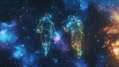Stellar wireframe astronauts drift through glowing cosmic nebulae