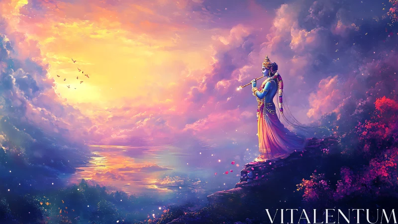 Divine blue figure playing flute over iridescent sunset sea.