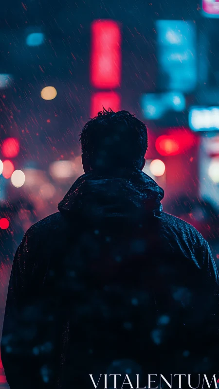 Silhouetted figure stands in neon lit city street during rain