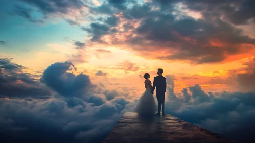 Silhouetted couple stands on sky platform above dense clouds