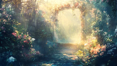 Sunlit stone staircase framed by dense flowering garden.
