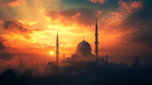 Sunlit mosque silhouette emerging through radiant mist.