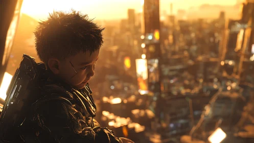 Cybernetic child overlooks dense cityscape at sunset