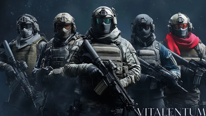Elite tactical squad stands ready in futuristic combat gear.