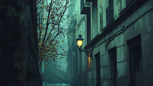 Solitary gaslamp in misty teal-toned urban alleyway.