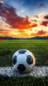 Soccer ball on vivid stadium pitch at sunset horizon.