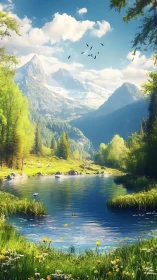 Snowcapped peaks rise above tranquil alpine lake valley