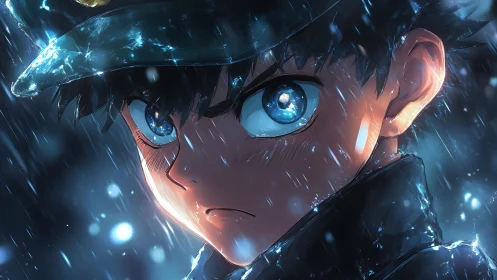 Close-up anime portrait of boy in rain with intense gaze.
