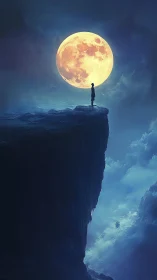 Lone figure on moonlit cliff edge under glowing full moon.