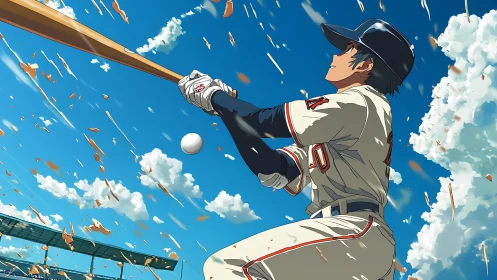 Dynamic anime baseball hitter under vibrant summer sky.