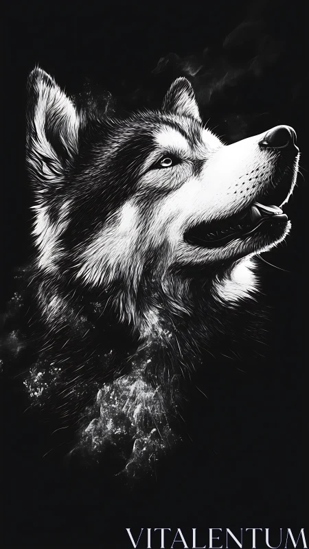 Monochrome husky portrait with luminous fur detail.