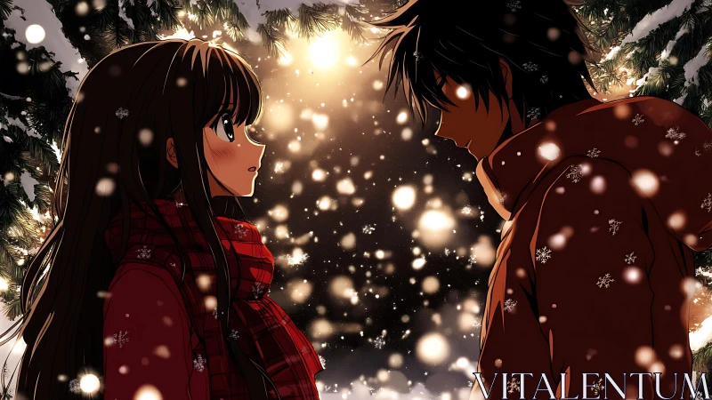 Anime winter couple under glowing snow lights at night.