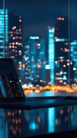 Bokeh cityscape at twilight with laptop workstation displaying defocused urban skyline