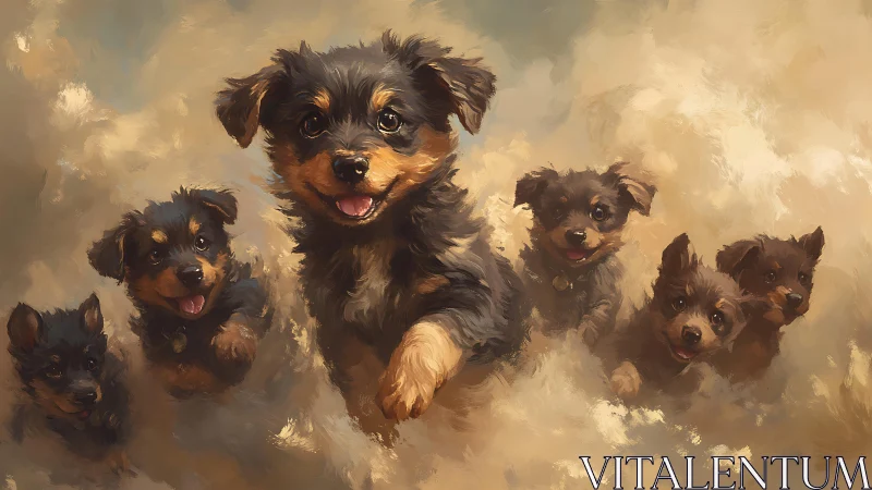Puppy cloud parade races through a dreamy painted sky.
