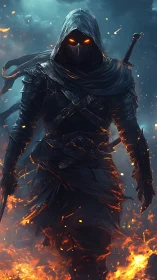 Fiery hooded warrior strides through glowing embers of night.