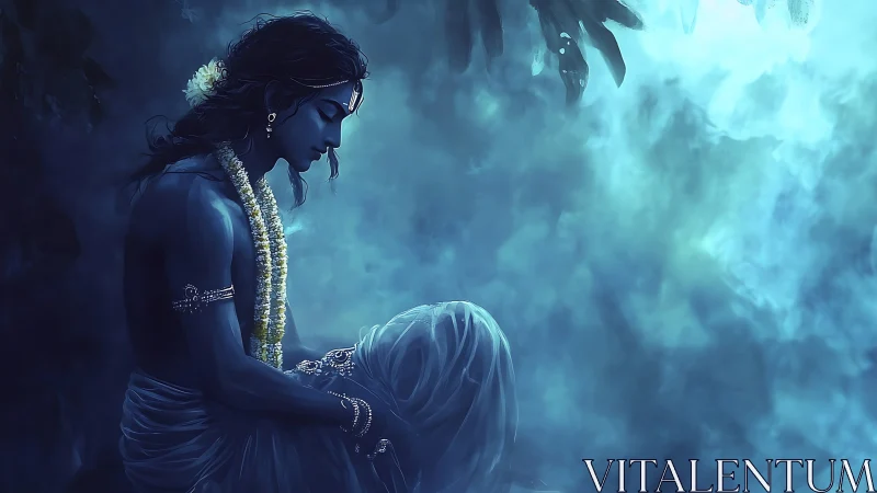 Moonlit blue deity in misty devotional embrace at night.