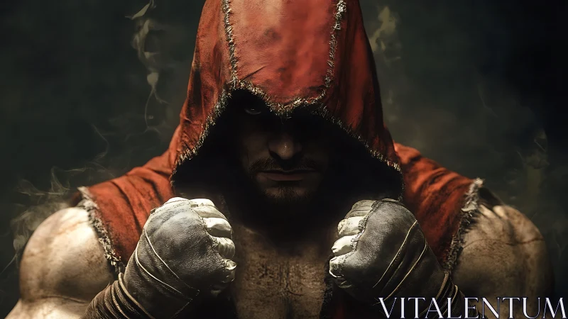 Medieval warrior in crimson robes displays formidable strength with metal gauntlets.