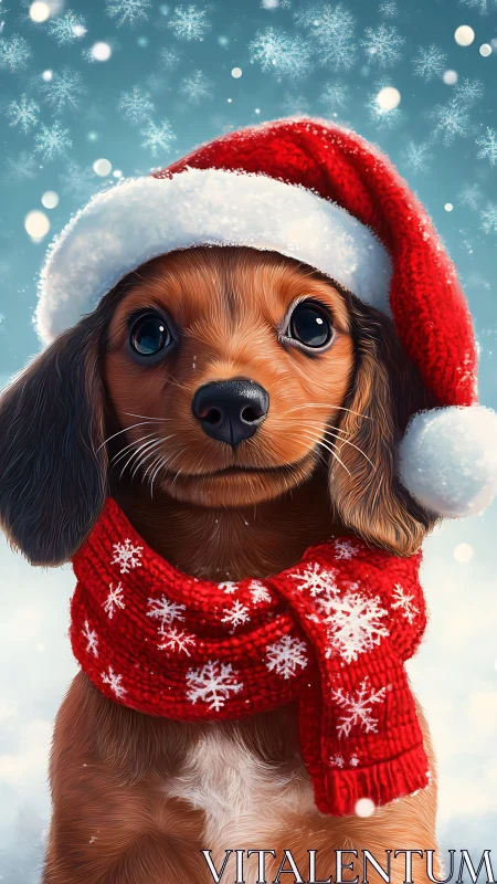 Digital painting portrait of festive dachshund in winter scene.