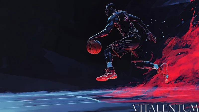 Neon-lit digital painting of dynamic basketball drive motion