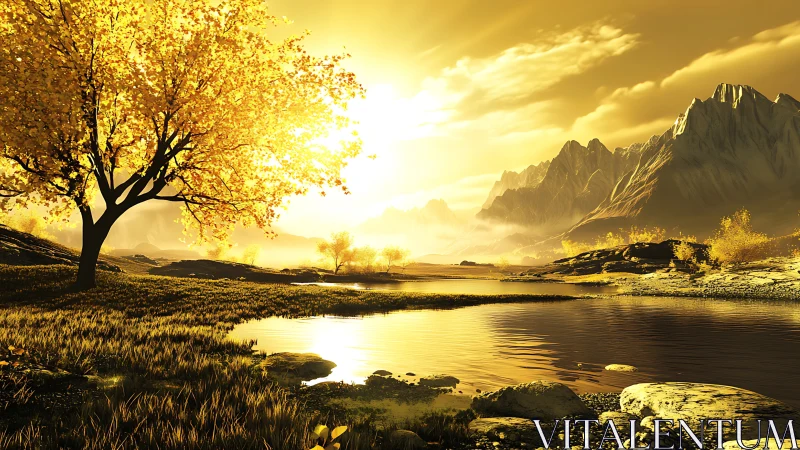 Backlit autumn tree dominates reflective alpine lake under golden haze