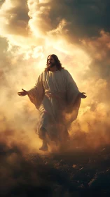 Digital painting of radiant robed figure in ascending cloudscape.