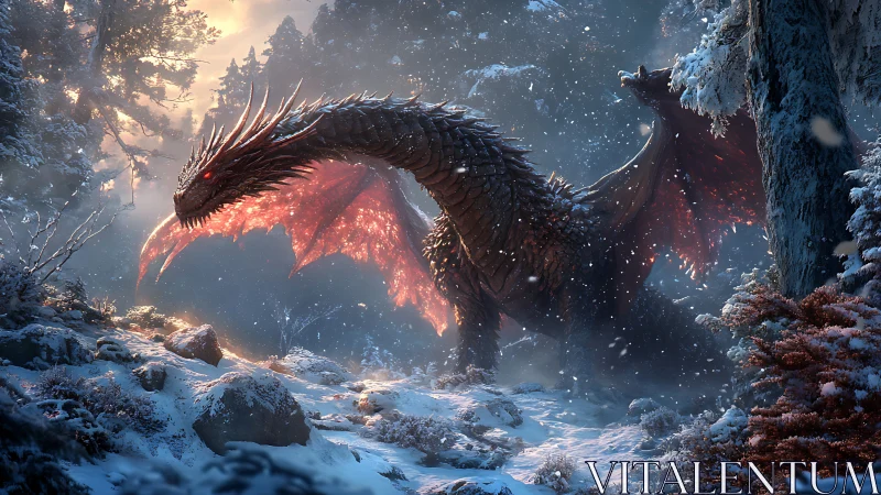 Firelit dragon prowls a snowy enchanted forest at dawn.