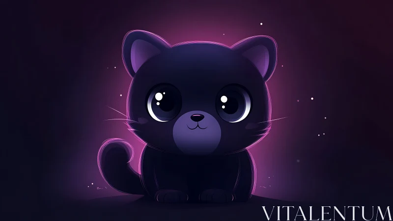 Cute glowing cartoon black cat on dark neon background.