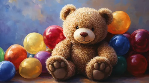 Cuddly teddy bear sits happily among bright party balloons