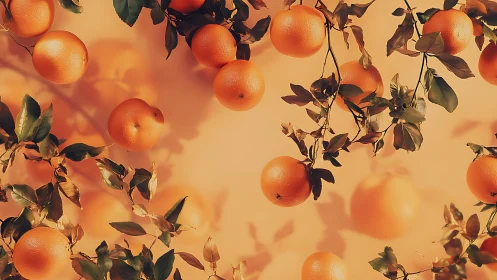Ripe oranges hang over warm pastel background in sunlight