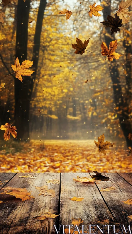 Autumn leaf turbulence over weathered wooden deck plane.