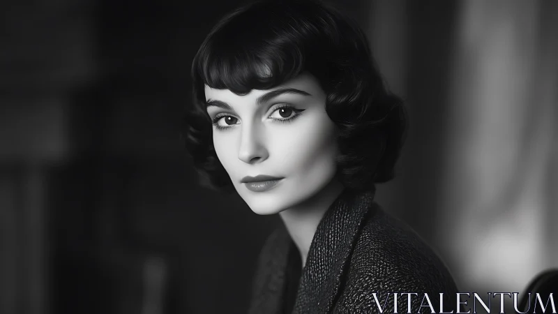 Monochrome portrait of poised woman with vintage waved bob