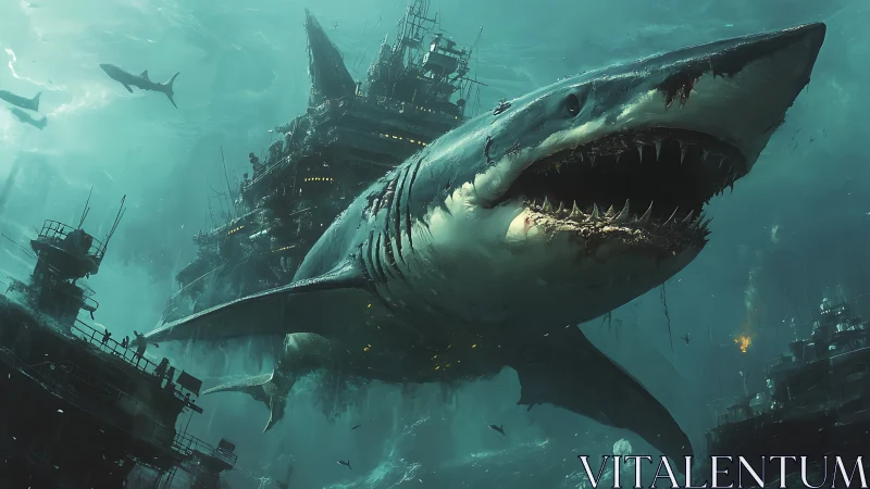 Colossal cybernetic shark attacks submerged battle city.